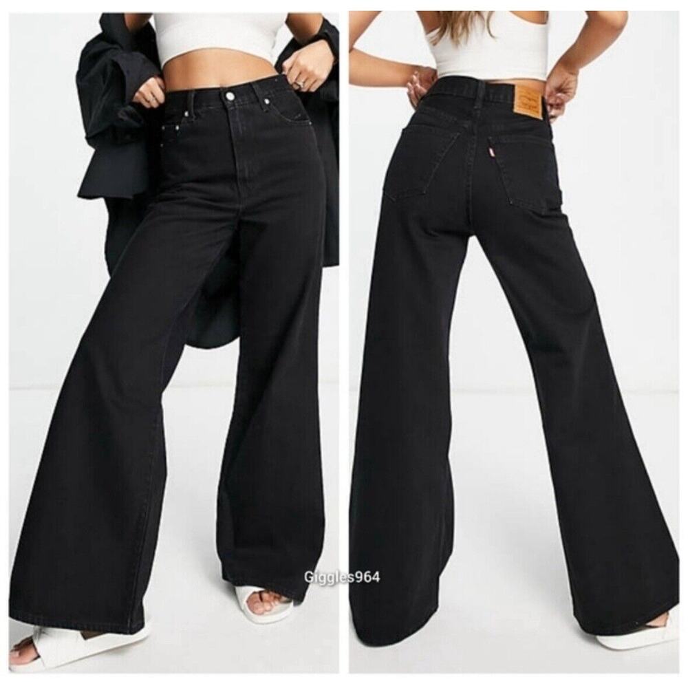 Levi's Premium High Loose Flare Jeans Sz 28 Trainwreck Black Tencel Leather Tag